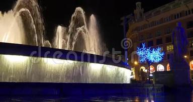 巴塞罗那<strong>主广场</strong>夜光喷泉关闭4k西班牙